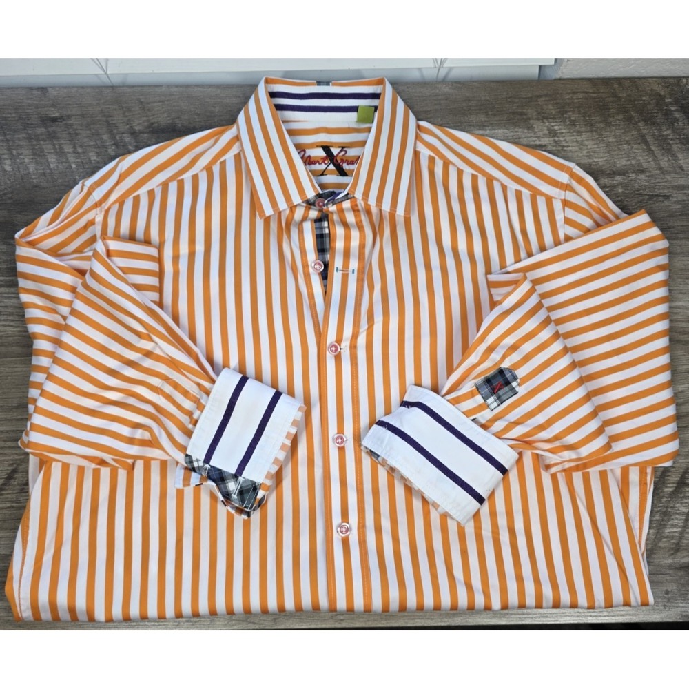 Robert Graham X Orange White Stripes Long Sleeve Button Shirt Flip Cuff sz Large